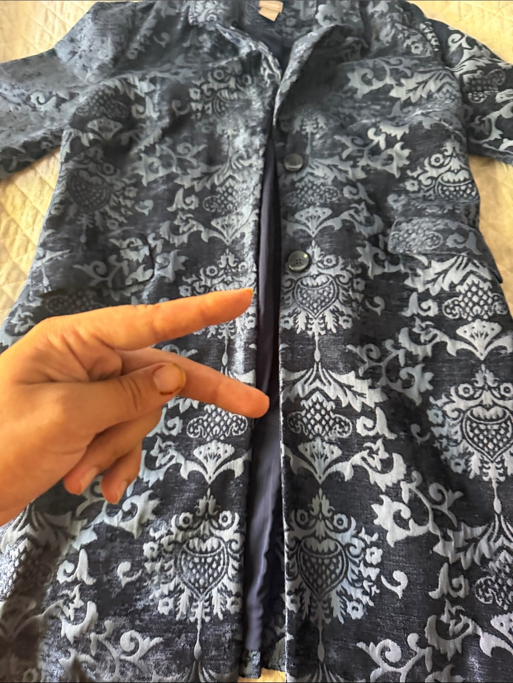 Chico's Navy and Light Blue Damask Trench Coat